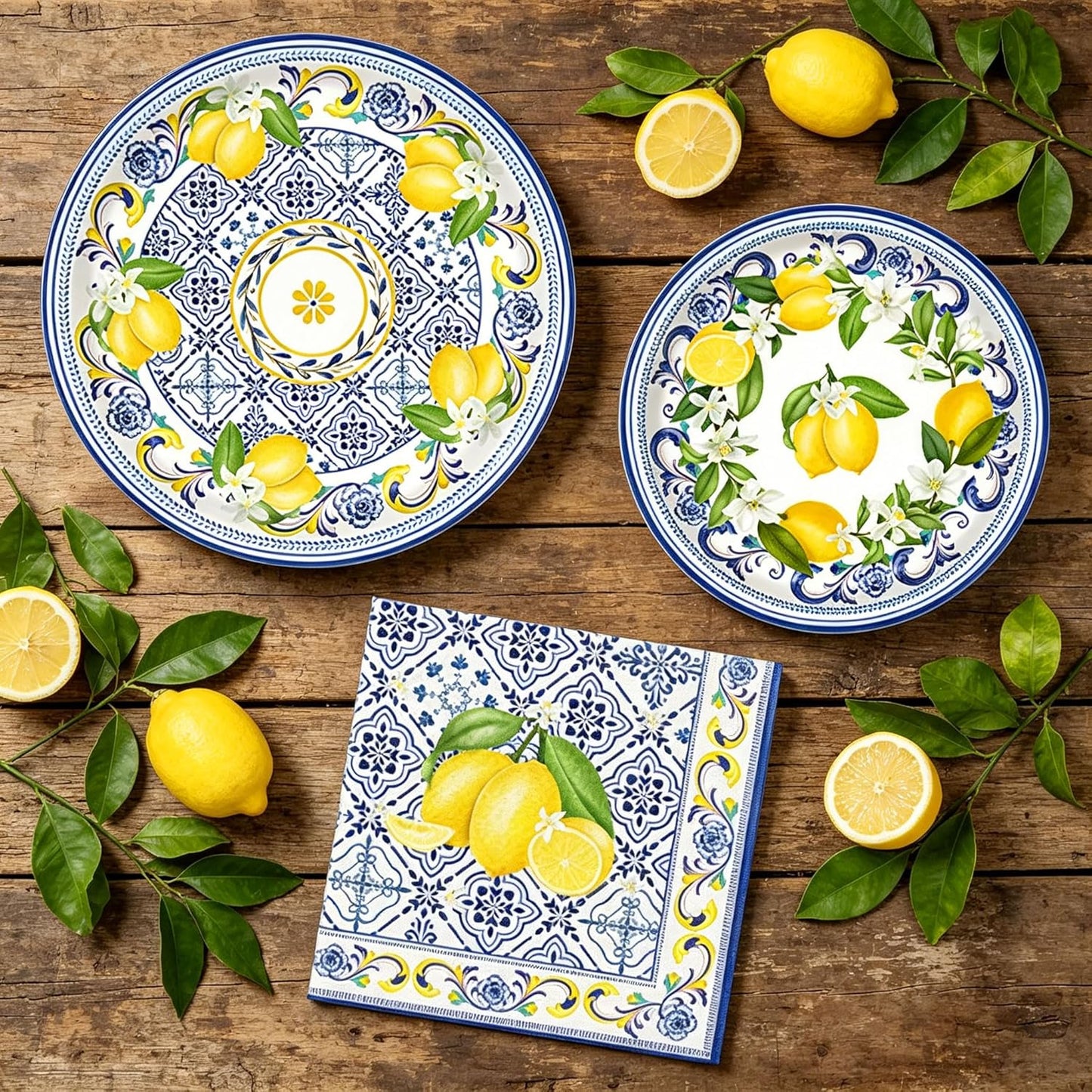 Capri Lemon Birthday Party Decorations Italian Blue Tile Plates and Napkins Set Lemon Banner Lemonade Tableware Decor Blue and Yellow Birthday Supplies