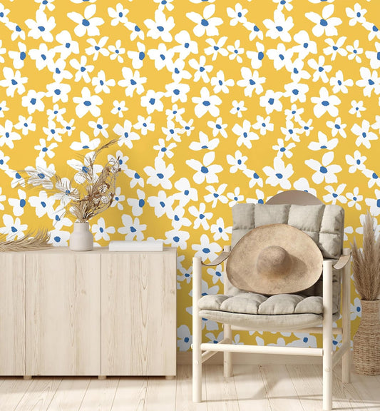 Yellow Peel and Stick Wallpaper Floral Yellow/White/Blue Removable Wall Paper for Bedroom Bathroom Textured Stick on Contact Paper 17.7in x 9.8ft