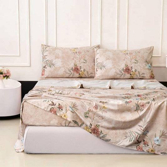 California King Size Sheet Set Light Brown Floral Bed Sheets 100% Cotton Satin Weave, Yellow Blue Flower Printed Chinoiserie Shabby Vintage Bed Set with Deep Pocket 17.5", Soft Breathable 4Pc
