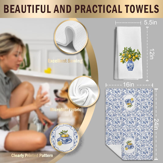 Lemon Kitchen Towels Set of 2, Blue and White Chinoiserie Summer Lemon Dish Tea Towels for Kitchen Decor, Chinoiserie Amalfi Coast Decor Hand Towels for Bathroom, 16x24 Inches