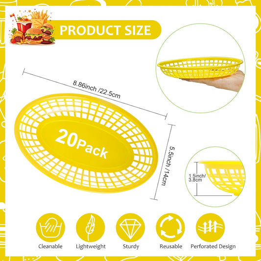 20 Pack Plastic Fast Food Baskets, 8.8" Γ 5.5" Small Oval Restaurant Serving Baskets Tray for Burgers, Sandwiches, Hot Dogs, Parties, Food Trucks, Reusable or Disposable, Stackable(Yellow)