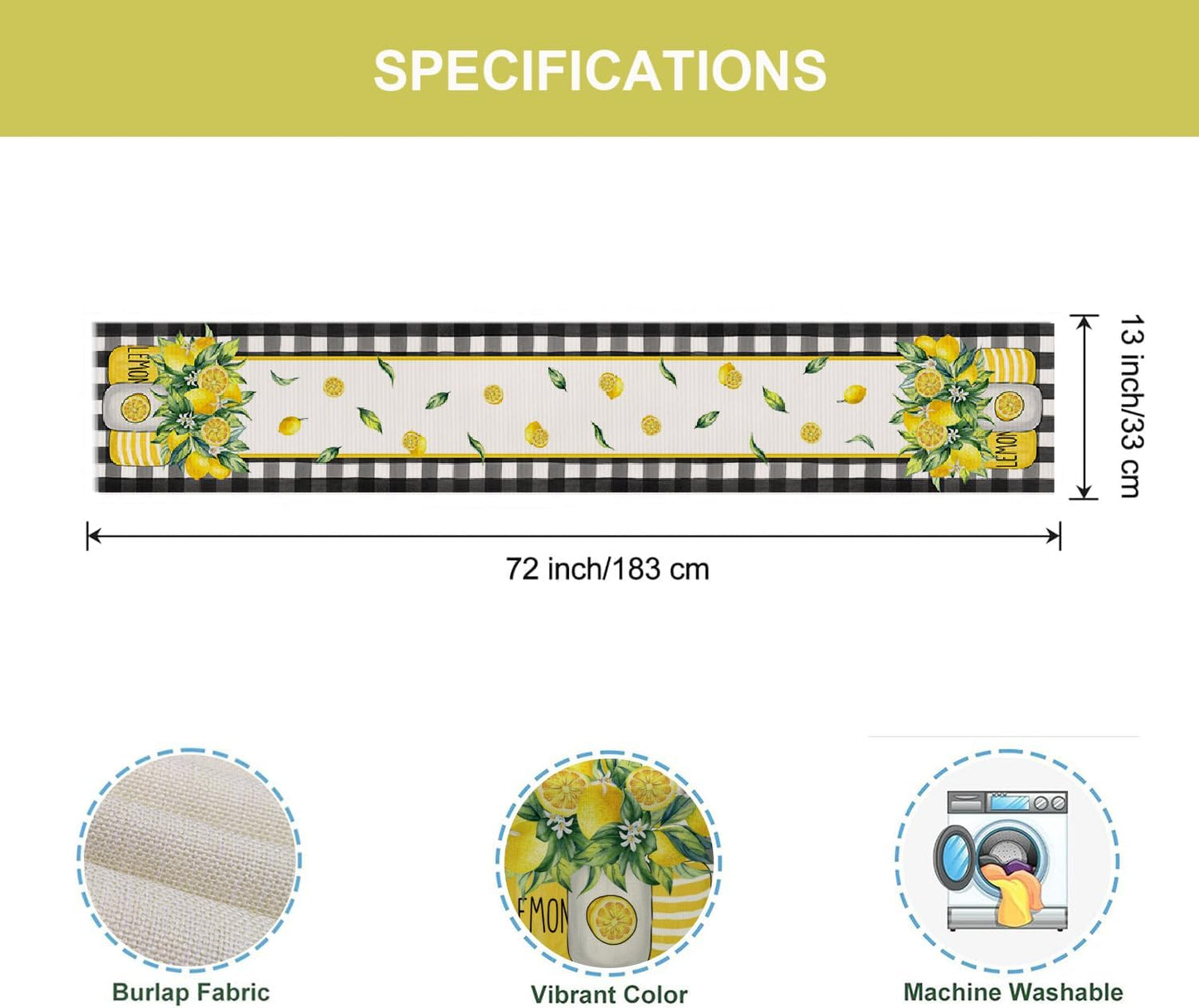 Buffalo Plaid Lemon Vase Table Runner 13x72 Inch Yellow Summer Flowers Kitchen Dinning Table Decoration for Indoor Outdoor Home Party Décor