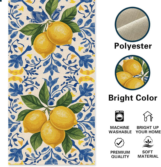 Italian Capri Blue Lemon Dining Table Runner, Amalfi Coast Citrus Italy Tile Pattern Burlap Kitchen Decoration, Summer Mediterranean Indoor Outdoor Home Decor Party Supply 13 x 72 Inches