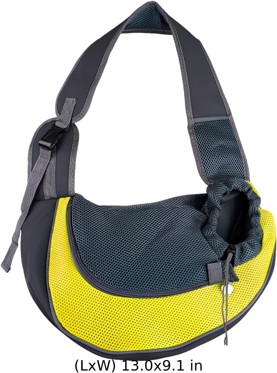 Yellow Mesh Pet Sling Carrier for Cats and Small Dogs, Breathable Polyester Handsfree Crossbody Pouch with Safety Buckle, Drawstring Closure, Portable Outdoor Travel Bag, 13 x 9.1 in