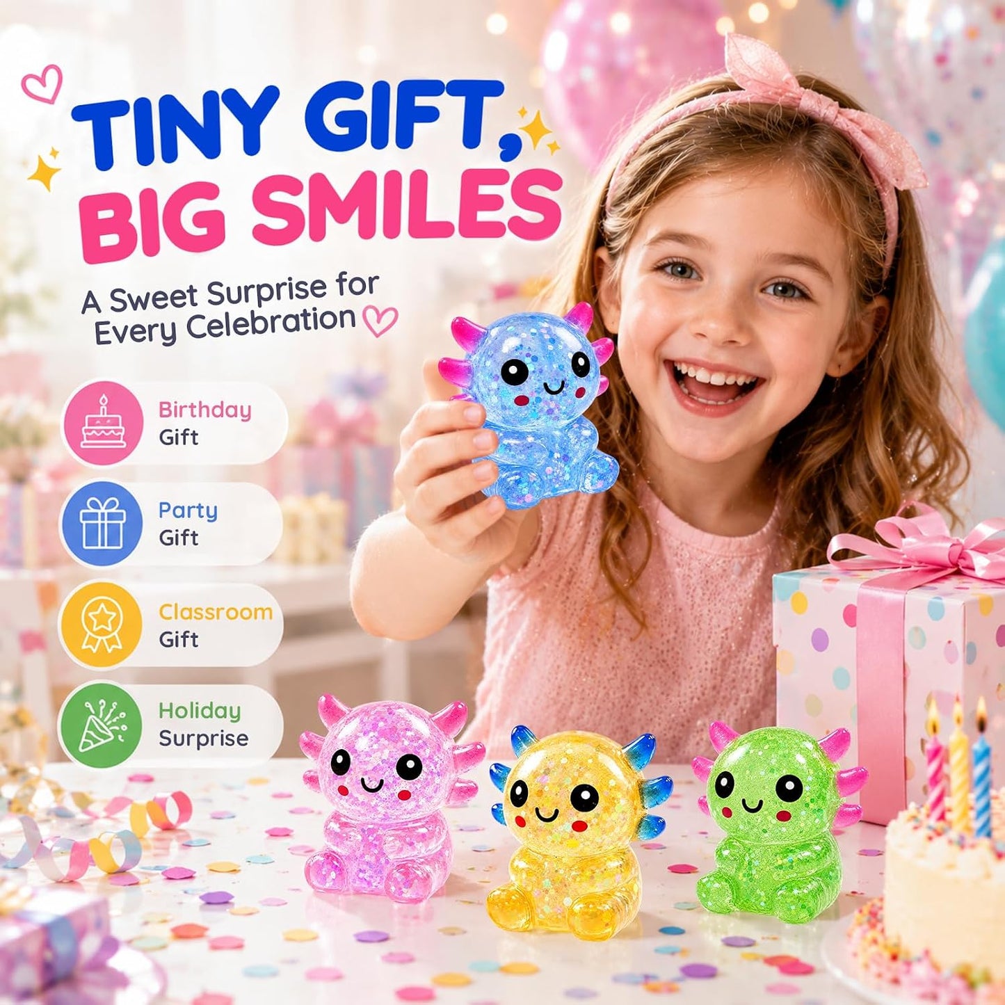 Axolotl Squishy Glitter Stress Toy, Soft Squeeze Sensory Toy (Yellow) | Axolotl Squishy Stress Ball Anxiety Calming Desk Toy Party Favor Handheld Fidget