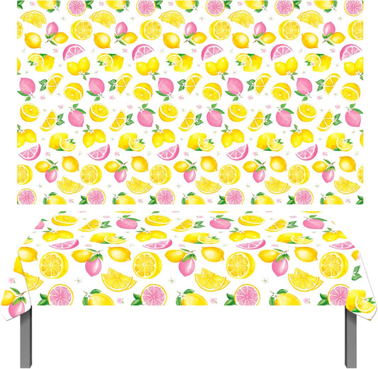 2Pcs Lemon Themed Plastic Tablecloths - 86.6 x 51.1 Inch Waterproof Pink Yellow Lemon Print Table Covers for Summer Fruit Birthday Baby Shower Lemonade Stand Party Decorations