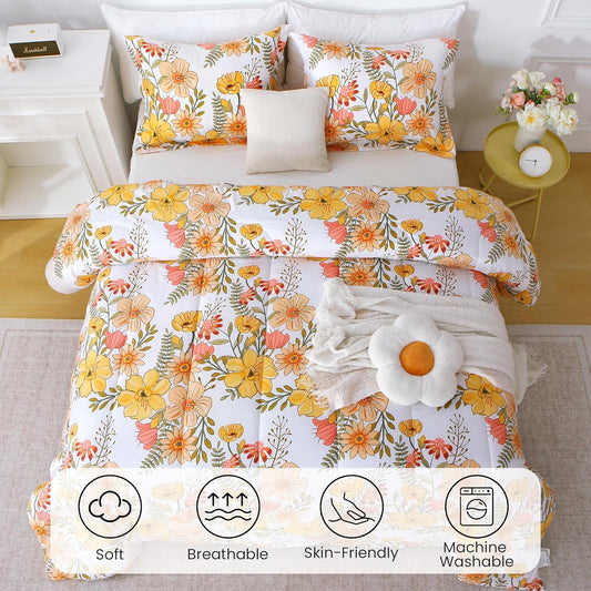 Floral Duvet Cover Full Size, 2 Piece Pink & Yellow Flower Patterned Duvet Cover Set with Zipper Closure, Soft & Breathable Microfiber Bedding Set with 4 Corner Ties and 2 Pillow Shams