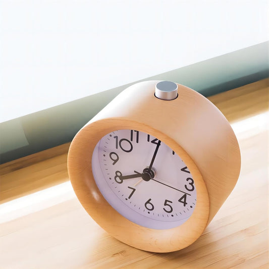Analog Wood Alarm Clock Round Silent Night Light Battery Operated | Non Ticking with Arabic Numerals Snooze for Desktop Bedroom Bedside Yellow
