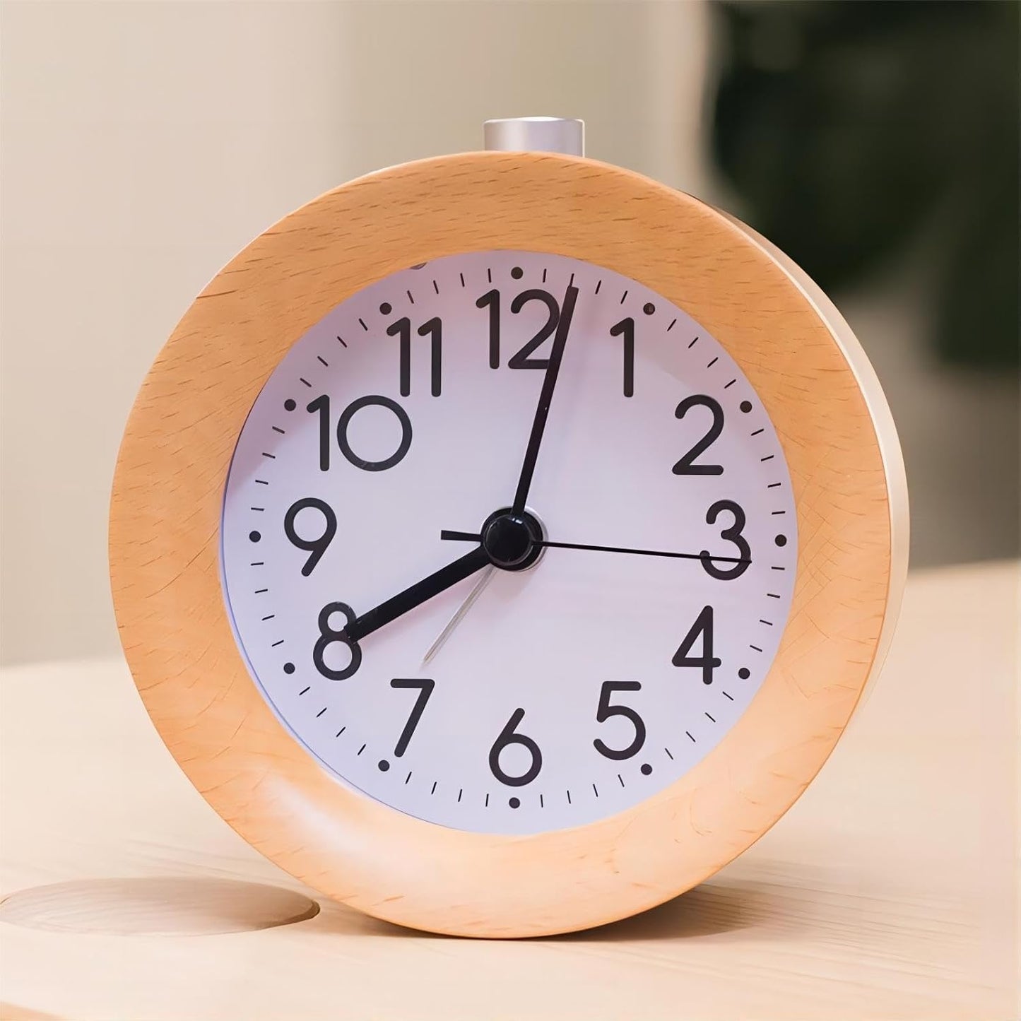 Analog Wood Alarm Clock Round Silent Night Light Battery Operated | Non Ticking with Arabic Numerals Snooze for Desktop Bedroom Bedside Yellow
