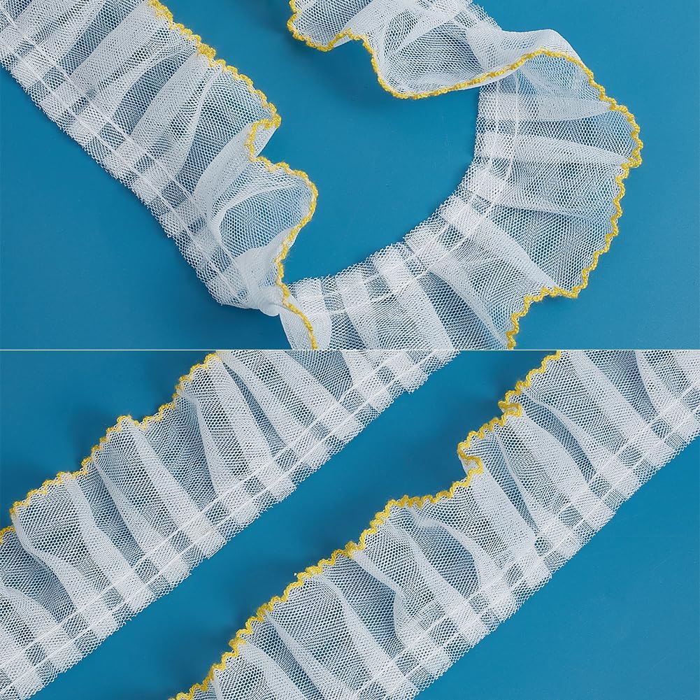 2 Inch Pleated Lace Trim Ruffle Sewing Ribbons White Backgroud Yellow Ruffled Gathered Edges Fabric Ribbon Retro Organza Ruffle Polyester Trims for Sewing Making Clothing Wedding Dresses Diy