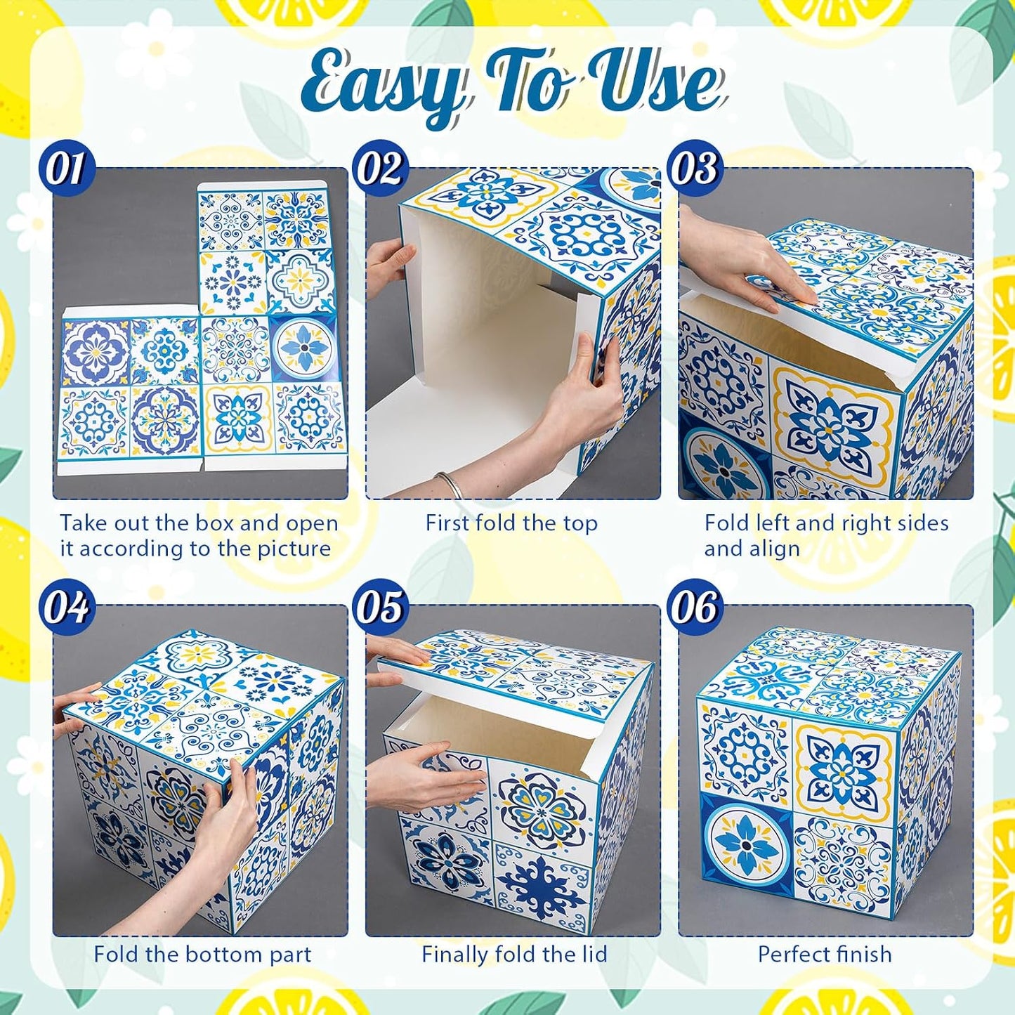 6 Pcs Large Amalfi Coast Party Decoration Boxes, 12" Cardboard Boxes with Capri Lemon Cards, Table Centerpieces for Birthday, Baby Shower, Wedding Summer Party Decor