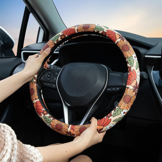 Sunflower Retro Steering Wheel Cover Auto Jacquard Steering Wheel Protector, Anti-Slip, Breathable, Absorbing Sweat, Universal Car Accessories 14.5β15 inch,Fit for Most Car, Trucks, SUV