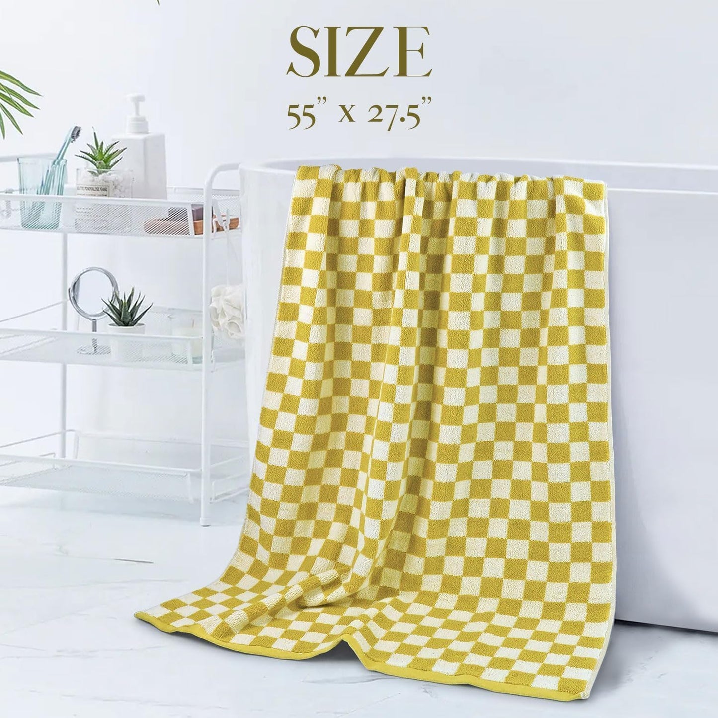 Luxury Bath Towels - Pack of 2 Cotton Fall Bathroom Towels Sets for Body Drying 55x27.5 Inches, Mustard Yellow Checkered