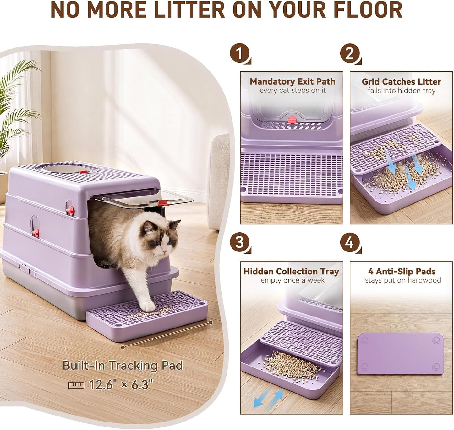 4-in-1 Convertible Stainless Steel Cat Litter Box with Lid | 4 modes in one box: open, high-sided or enclosed; fits kittens to senior cats; 160° flip-open lid; tracking pad and filter