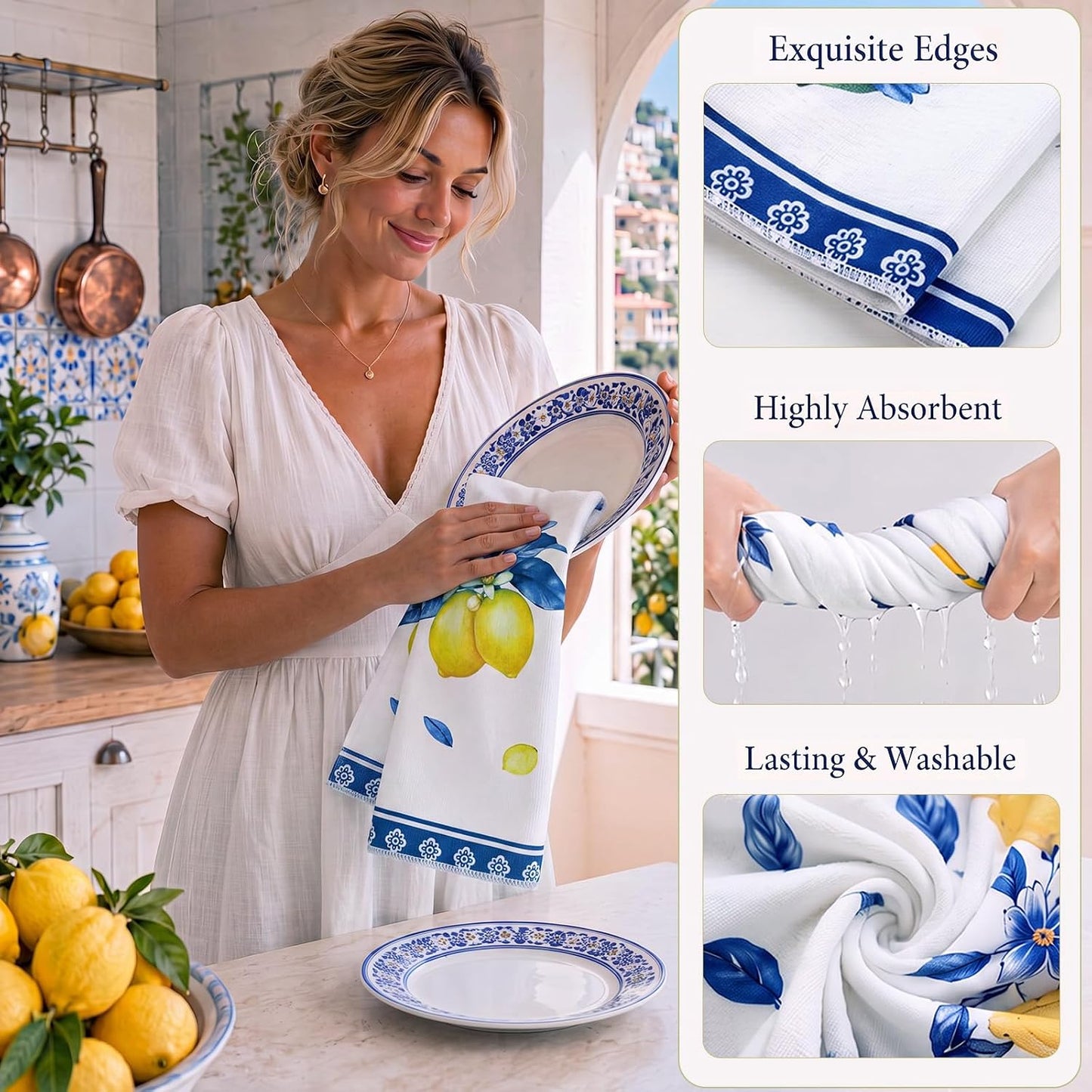 7 Pcs Italian Lemon Gifts Set for Women Amalfi Coast Souvenirs | Lemon Tote & Makeup Bag, Scented Candle, 16 oz Tumbler, Towel Raffia Box, Italy Mediterranean Souvenirs, for Summer Wedding