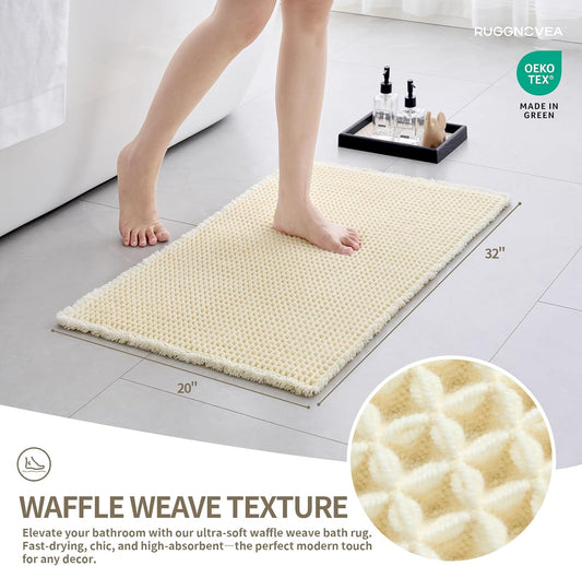 Waffle Bath Mat Non Slip Washable 32x20, Super Absorbent Quick Dry Boho Bathroom Rugs with Tassels, High Density Non Slip Backing, Luxury Carpet for Tub&Shower, Cream Yellow