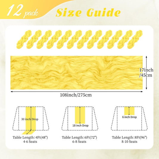 12 Pack Lemon Yellow Cheesecloth Table Runner 17x108 Inch Semi Sheer Boho Gauze Cheese Cloth Fabric Table Runners, for Wedding Party Baby Shower Birthday Home Decor Garden Farmhouse