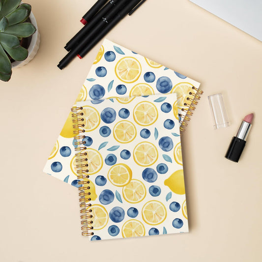 Blueberry Lemon Spiral Journal Notebook 5.5x8.3in, Fruit Lover Gifts, Cottagecore Fruit Botanical Journal for Women, Blue and Yellow Aesthetic Notebooks for Note Taking, Hardcover Notebook