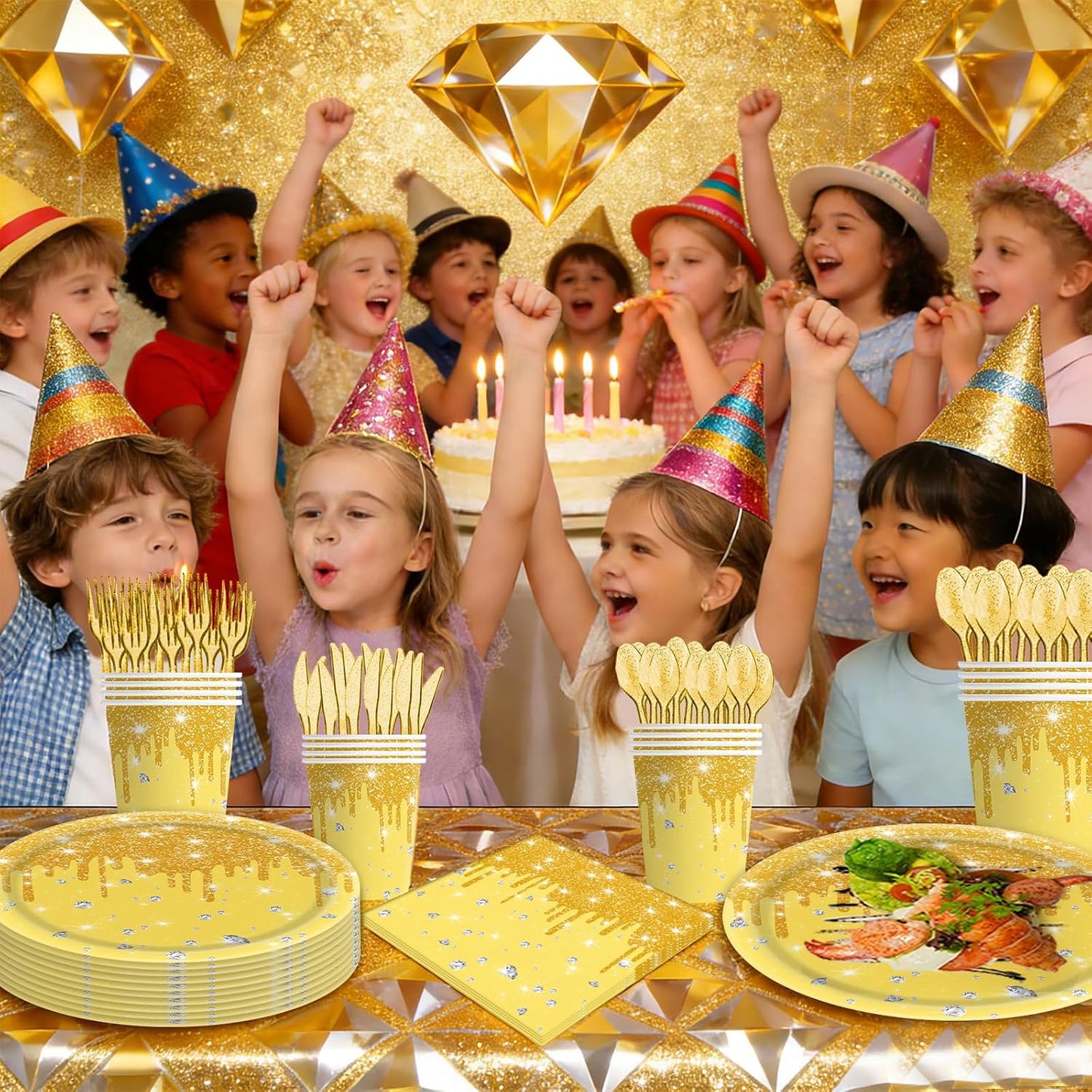 140Pcs Yellow Glitter Birthday Party Decorations Include Glitter Diamond Paper Plates, Napkins, Cups, Cutlery & Disposable Tableware for Birthday, Anniversary, Wedding (Yellow)