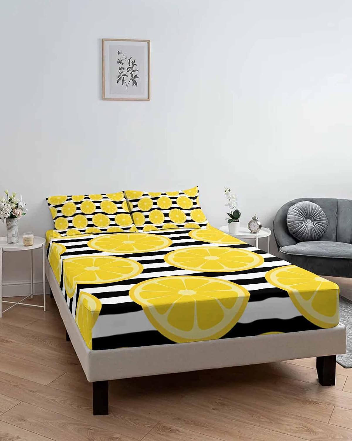 Fitted Sheet and Pillowcases Set Full Size, Yellow Lemon Soft Bed Fitted Sheets - Deep Pocket Fits Mattress Up to 16", Summer Botanical Fruits Black White Stripes Bedding Set with 2 Pillow Cases