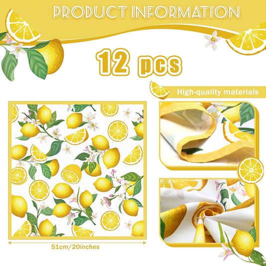 12 Pcs Lemon Cloth Napkins Lemon 20"x20" Washable Dinner Tea Party Napkins for Kitchen Party Wedding Restaurant Indoor Outdoor Botanical Fresh Spring Summer