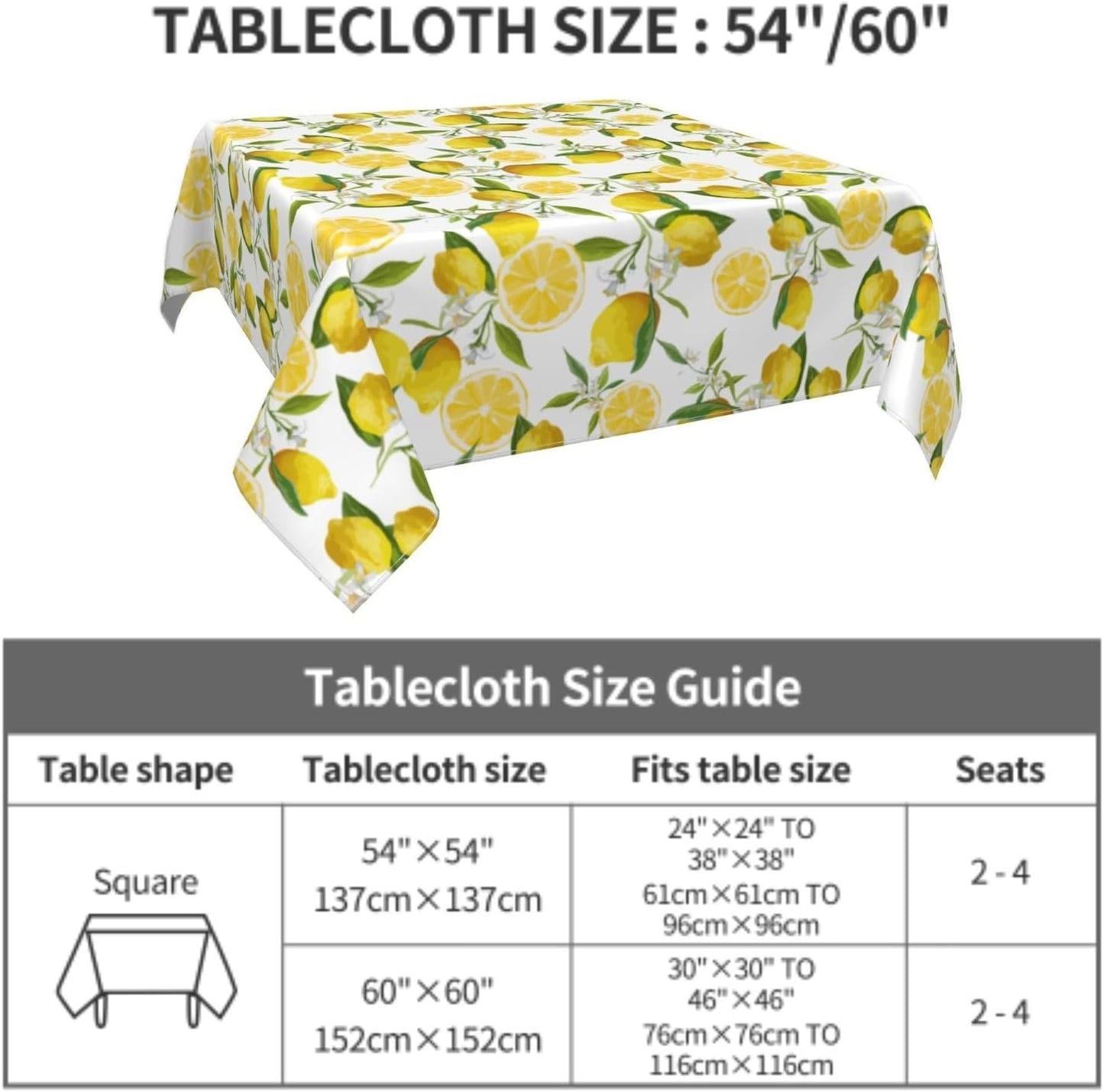 Lemon Tablecloth 54×54 Inch Square Spring Summer Table Cloth Water-Resistant Spill-Proof Washable Fabric Tablecover for Kitchen Dining Party Picnic Indoor Outdoor