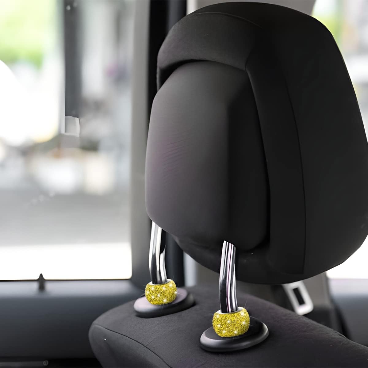 4 Pack Car Headrest Collars, Bling Car Head Rest Collars Rings Decor, Rhinestone Car Head Rest Collars, Diamond Interior Car Seat Accessory (Yellow)