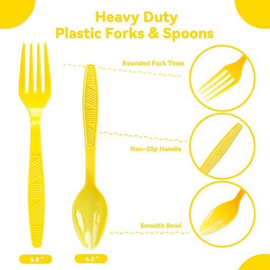 Plastic Forks and Spoons Heavy Duty, Yellow Disposable Plastic Silverware Set for Party Supplies 96PCS