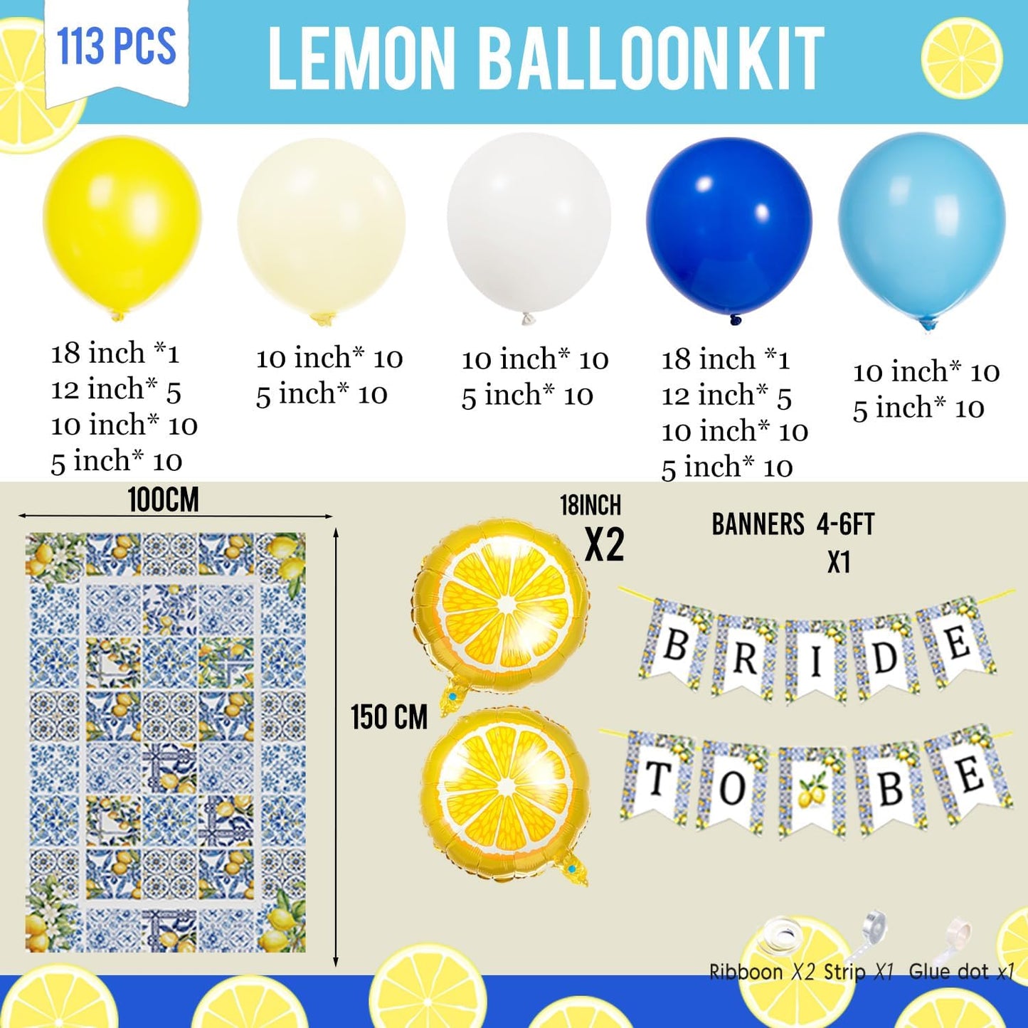 Main Squeeze Lemon Bridal Shower Decorations: Royal Blue & Yellow Balloon Arch Kit with Bride to Be Backdrop banner- Amalfi Coast Theme for Engagement & Rehearsal Dinner Party