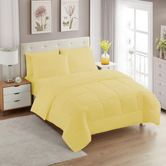 5 Piece Comforter Set Bag Solid Color All Season Soft Down Alternative Blanket & Luxurious Microfiber Bed Sheets, Yellow, Twin