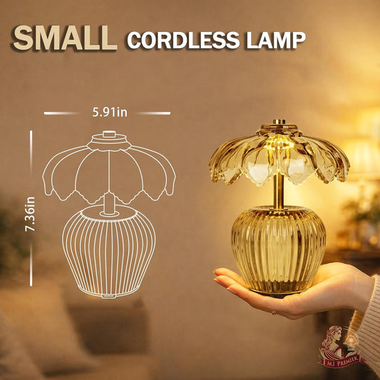 Rechargeable Table Lamp, Cordless Lamp with Timer, Crystal Glass Flower Lampshade, Small Table Lamps, Decorative Led Light for Bedroom Living Room Shelf (Yellow)