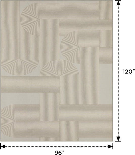 8×10 Area Rugs for Living Room, Non-Slip Modern Soft Washable Rug, Low Pile Thin Geometric Carpet for Bedroom, Dining Room, Home Office, Pet & Child Friendly, Beige, Light Yellow
