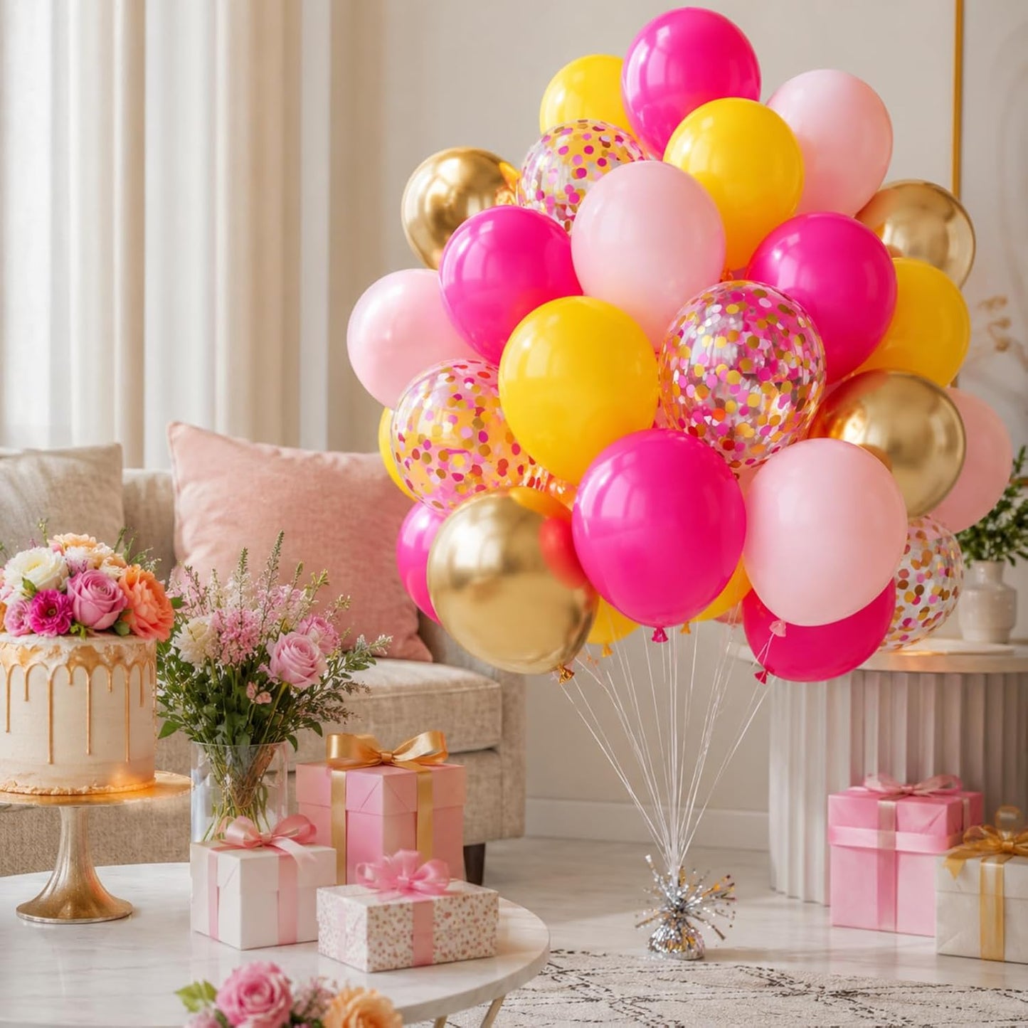 Pink Yellow Balloons for Girls Party Decor | 12 Inch Pink Yellow Gold Confetti Balloons for Birthday Baby Shower Wedding Decorations