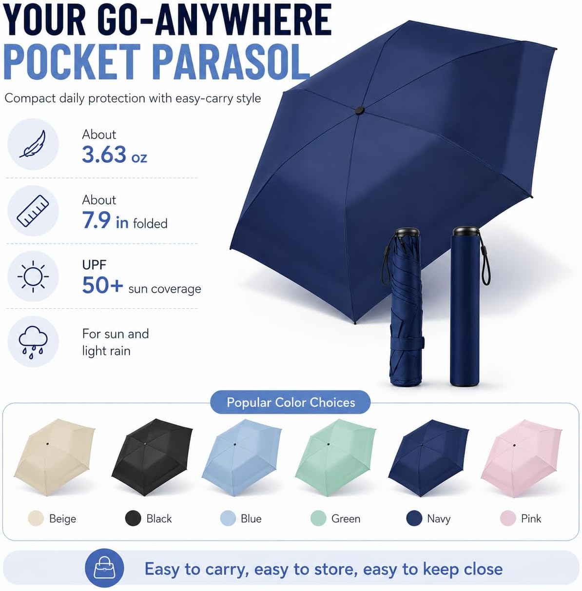 Mini Umbrella for Travel, Japan Pencil Umbrella Ultra Light Compact Folding Pocket Parasol, UPF 50+ Sun Protection Rain Shade, Portable for Purse Backpack Beach Commute Outdoor Use