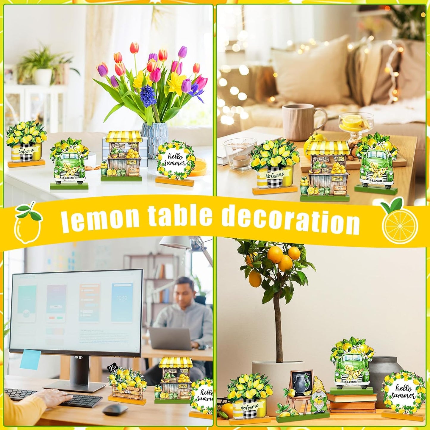 6 Pcs Summer Lemon Table Decor Lemon Signs Wooden Tabletop Centerpiece Decorations Rustic Summer Tiered Tray Decor for Home Party Office Kitchen Shelf Display