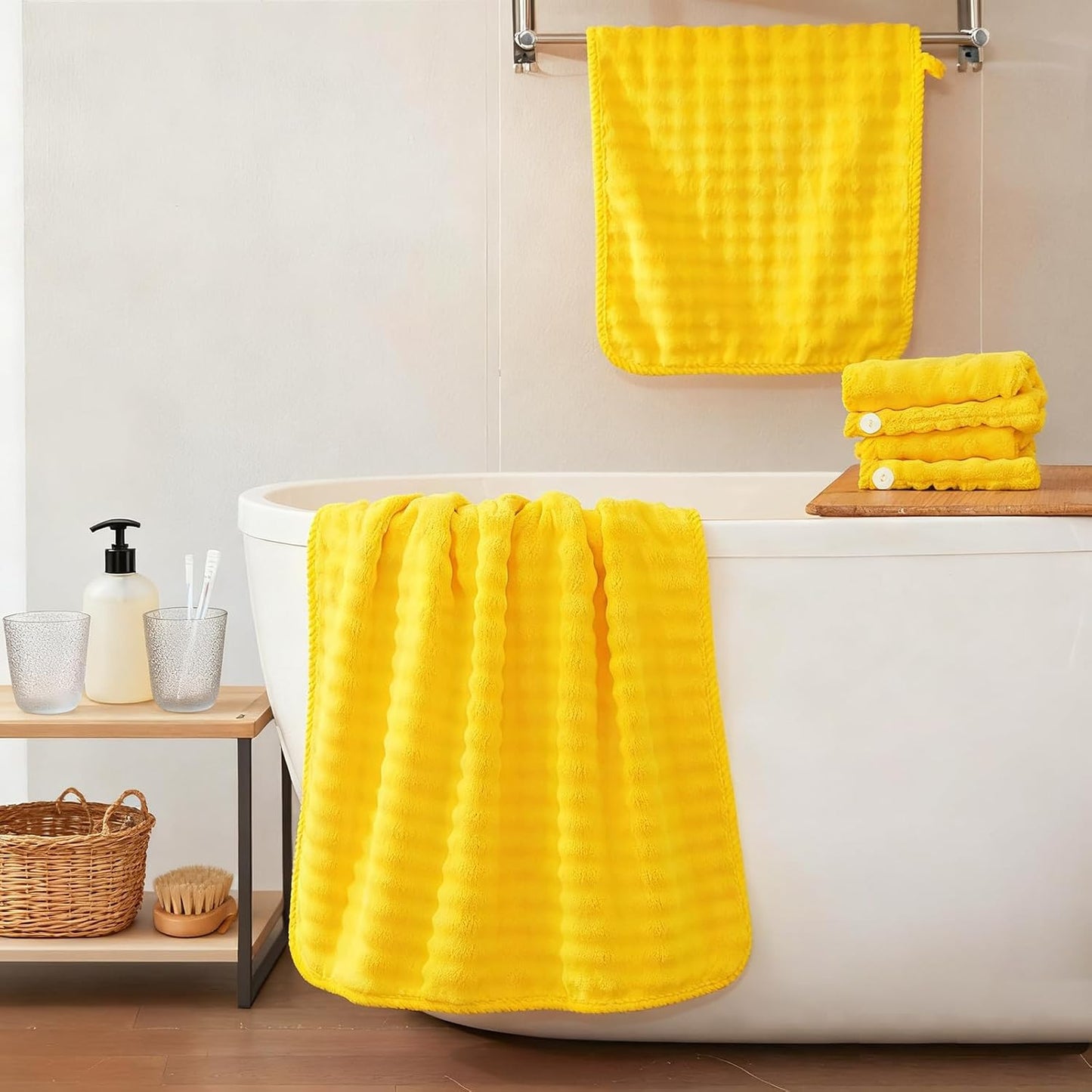 Lint Free 8Pcs Bathroom Towels Set Ultra Soft Microfiber Yellow | Ultra fluffy, Thick, Highly absorbent, Fast dry, No shedding, No pilling, Fade resistant, Durable & long-lasting