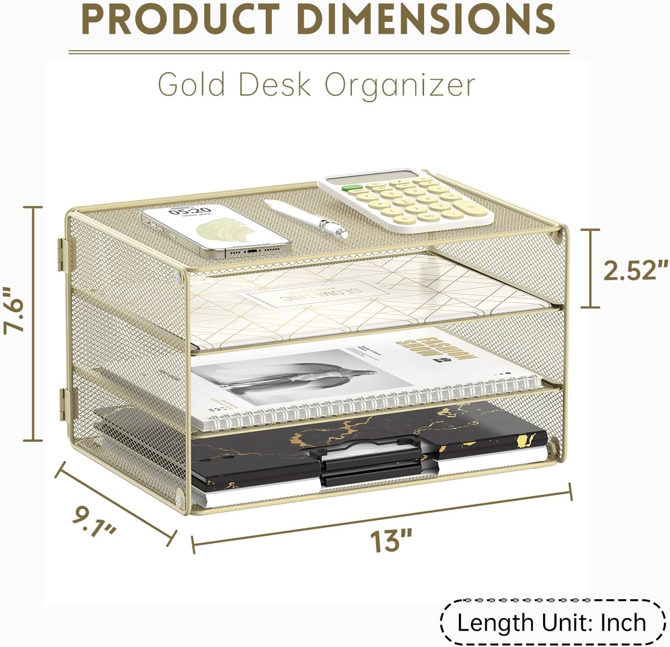 3 Tier Letter Tray Paper Organizer with Sliding Mesh Trays Yellow | Metal mesh file organizer with sliding trays for Letter and A4 paper, mail, bills, folders and office documents
