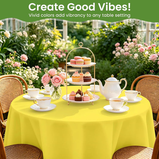 12 Pack Round Disposable Light Yellow Tablecloth, Light Yellow Plastic Table Cloths for Parties Disposable, 84x84 in Waterproof Camping Tablecloth for Birthday Party Baby Shower Picnic School