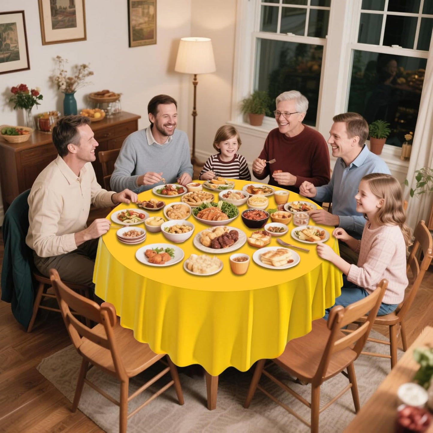 2 Pack Premium Disposable Plastic Tablecloth 84" Round Table Cover for Birthdays Weddings Christmas Anniversary (Yellow)