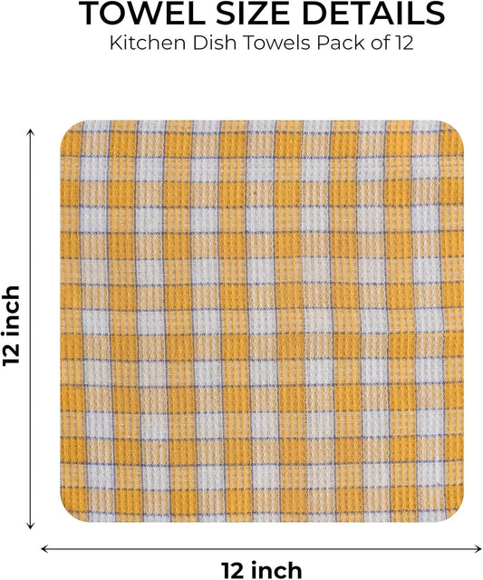 Polycotton Kitchen Dish Towels 12 Pack - Dish Cloths for Cleaning Scrubbing and Wipe Glass - Dish Towels for Kitchen Drying | Yellow and White, 12 x 12
