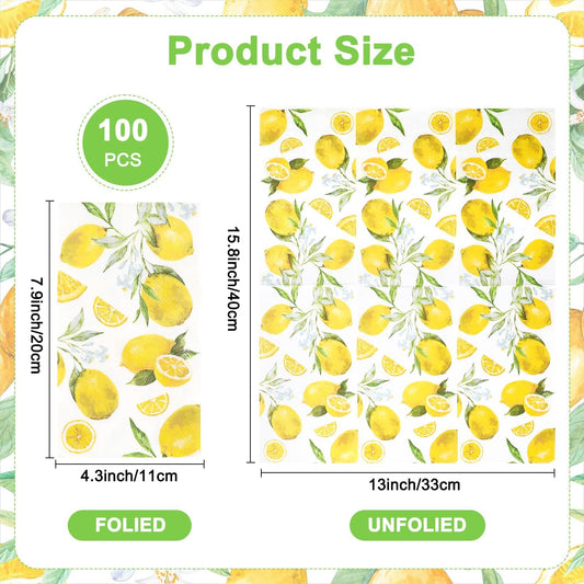 100 PCS Watercolor Lemon Disposable Paper Napkins, Yellow Lemon Decorative Paper Napkins, 15.8 x 13 Inch Soft and Absorbent Hand Towels Cocktail Napkins for Guest, Anniversary Birthday Christmas Party