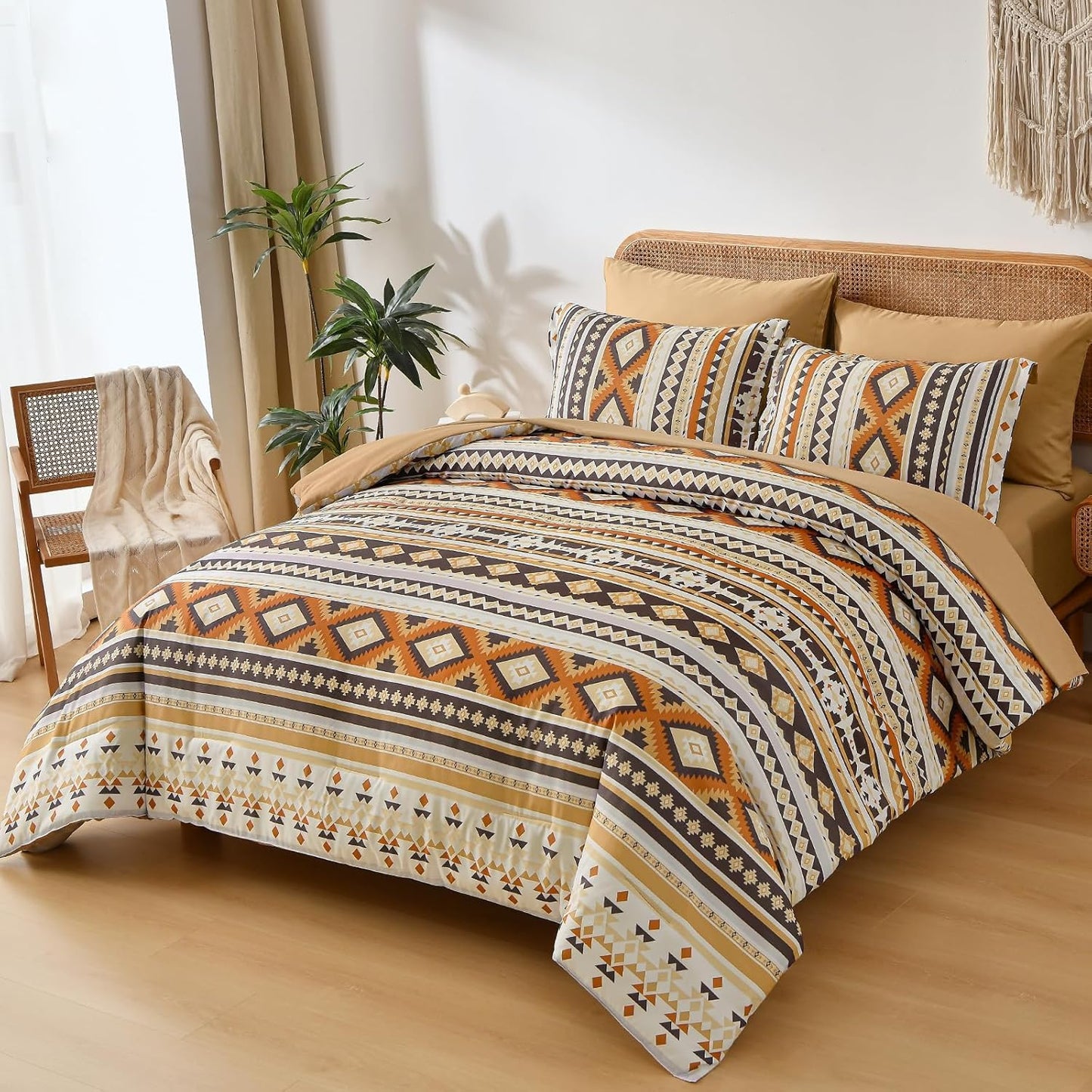 Comforter Set Queen Size Boho,Yellow Brown 7 Pieces Bed in a Bag Queen Bedding Sets Aztec Comforters with Sheets Western Striped Complete Set for Family 90"x90"