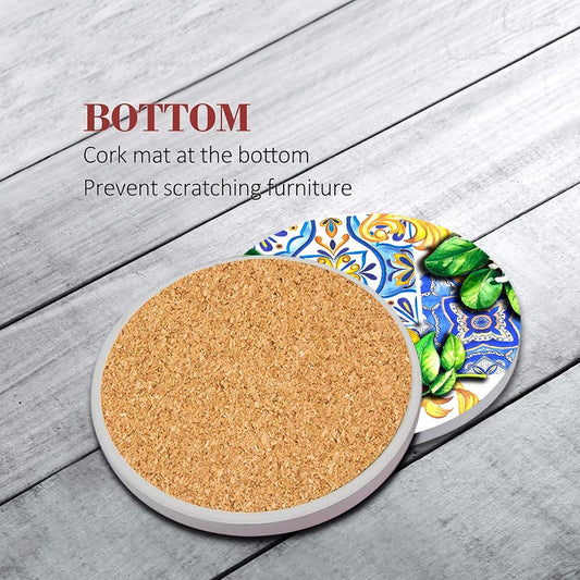 Coaster for Drinks Set of 6, Lemon Fruit Yellow Blue Vintage Absorbent Round Ceramic Stone Mat, with Cork Base and Metal Holder, Gift for Housewarming Room Bar Decor