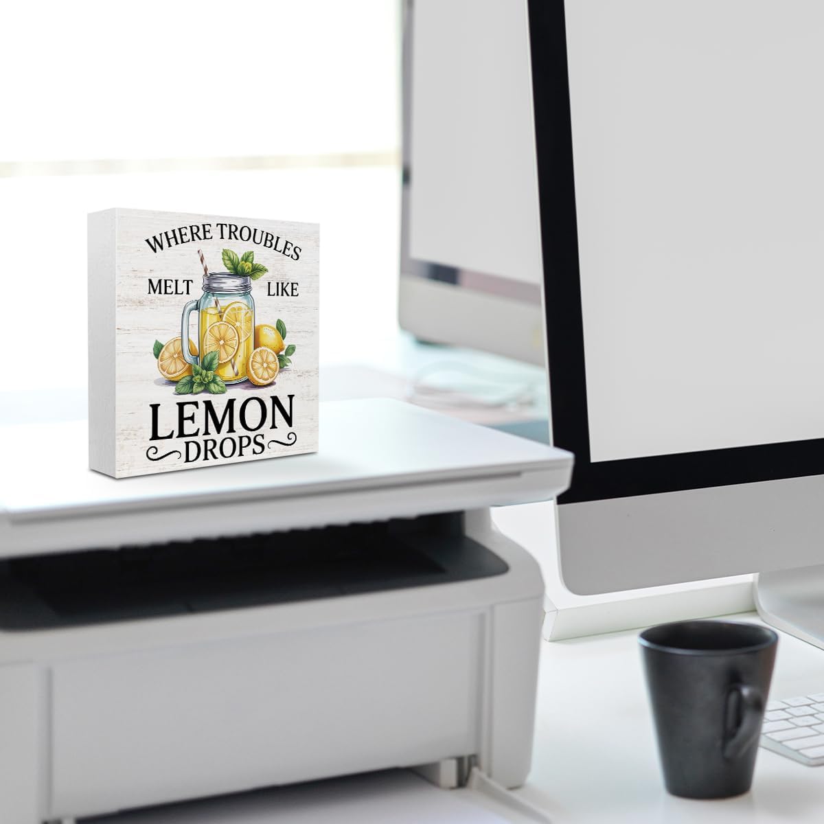 Lemon Themed Gifts Wood Box Sign, Lemon Decor for Shelf Home | Where Troubles Melt Like Lemon Drops, Lemon Rustic Woods Table Decorative Signs for Office Lemonade Bar Tabletop Decoration