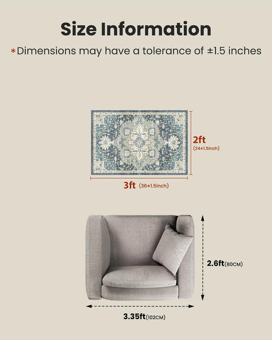 2x3 Washable Area Rug, Low-Profile Entryway Rug with Non-Slip Backing & Durable Edge Binding, Vintage Rug Pattern, Small Rugs for Entryway, Kitchen & Living Room