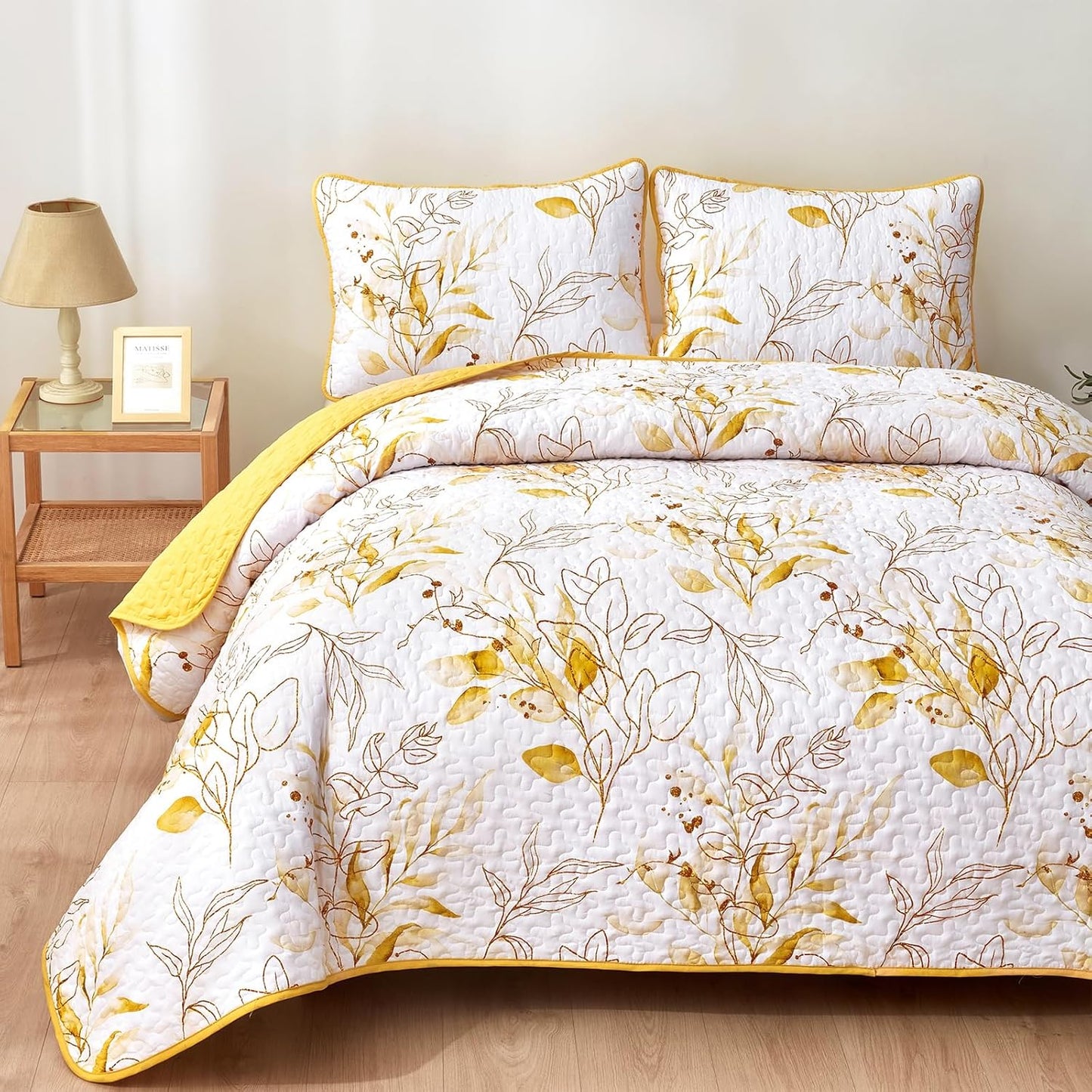 Yellow Quilt Set Queen,3 Pieces Reversible Elegant Yellow Botanical Leaves Pattern Bedspread Coverlet Soft Microfiber Bed Cover for All Season(96"×90")