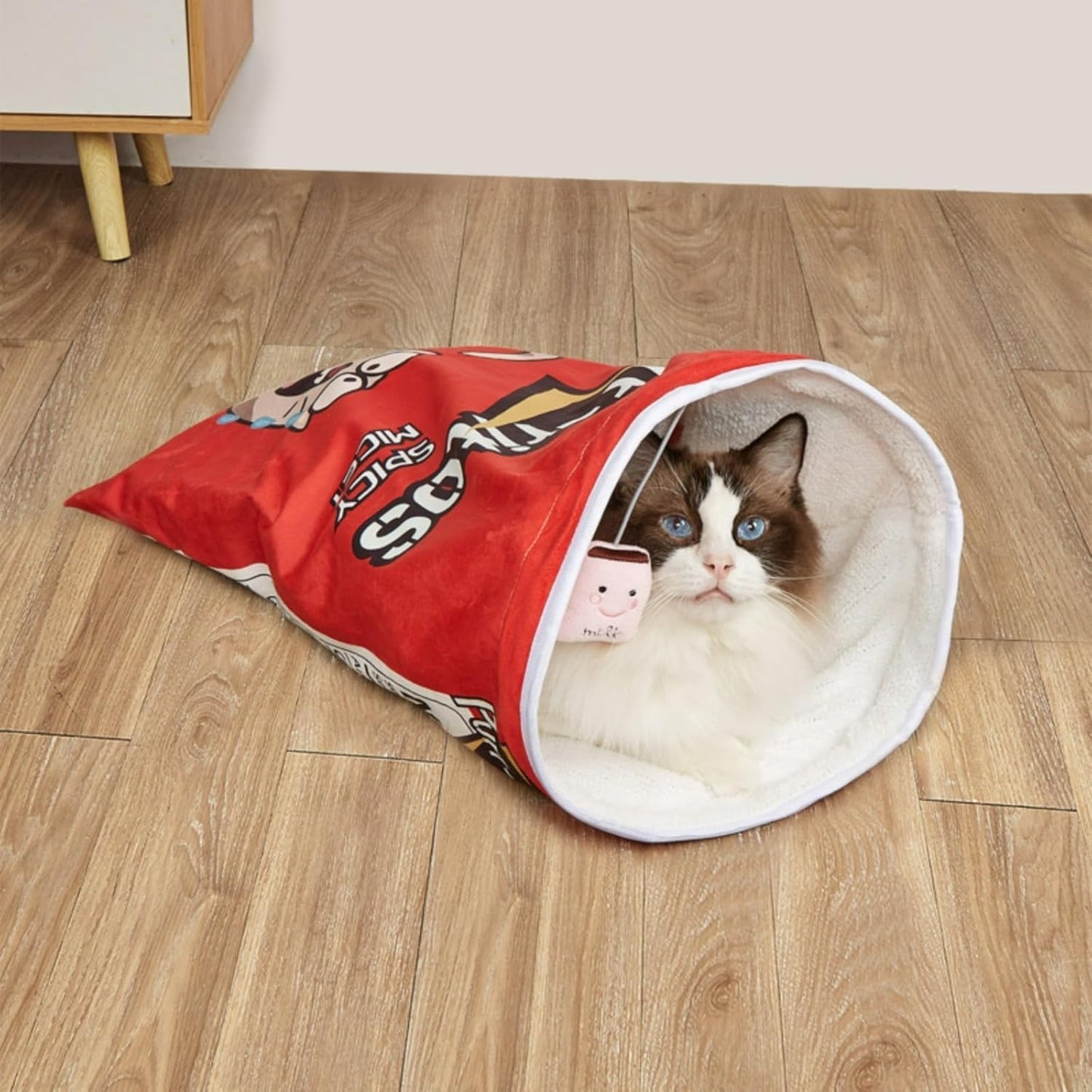 Cat Puppy Toy Sleeping Bag – Cute Potato Chip Bag Design with Hanging Snack Toy & Crinkle Paper Soft Plush Foldable Portable Cozy Cave for Small Dogs Kittens (Yellow)