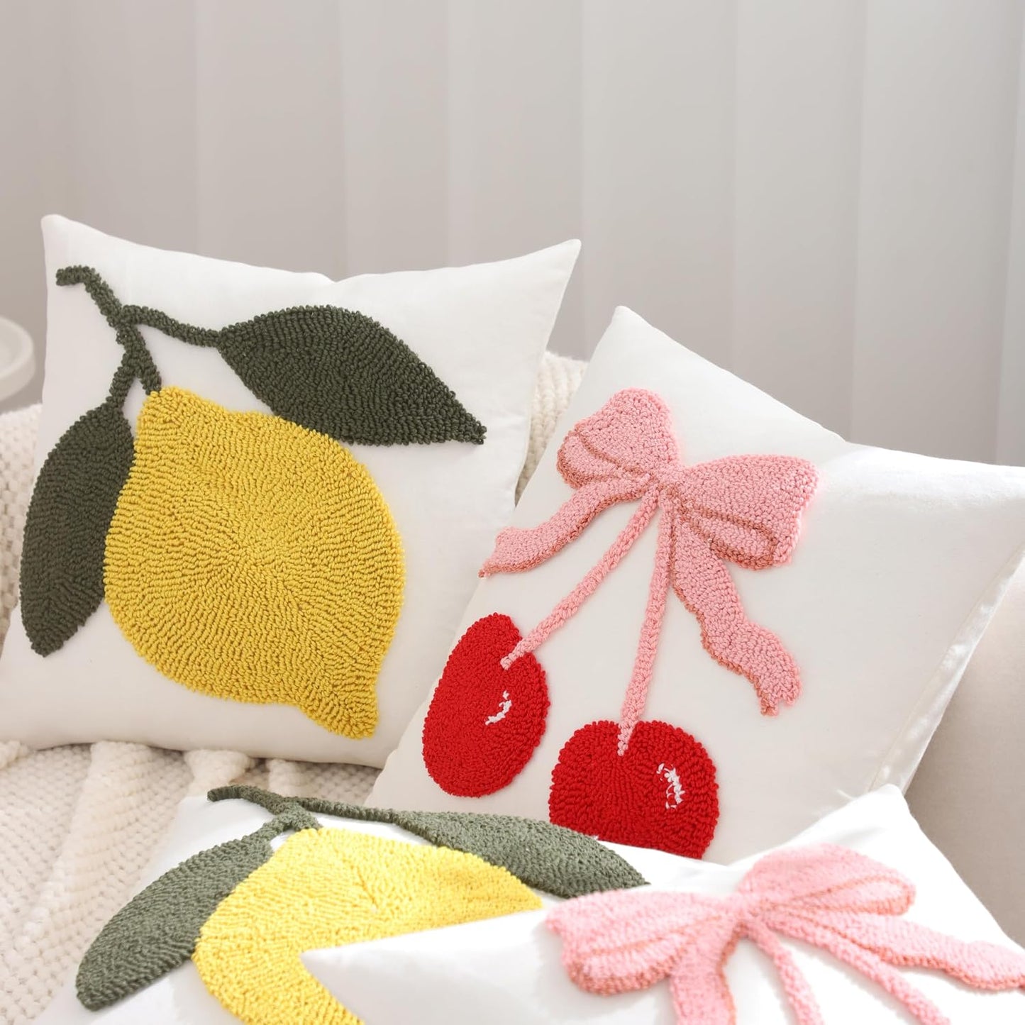 Embroidered Throw Pillow Covers 18x18 Pack of 2 Yellow Lemon Pillow Cushion Cases Farmhouse Decor Square Tufted Pillowcases for Summer Sofa Couch Bedroom