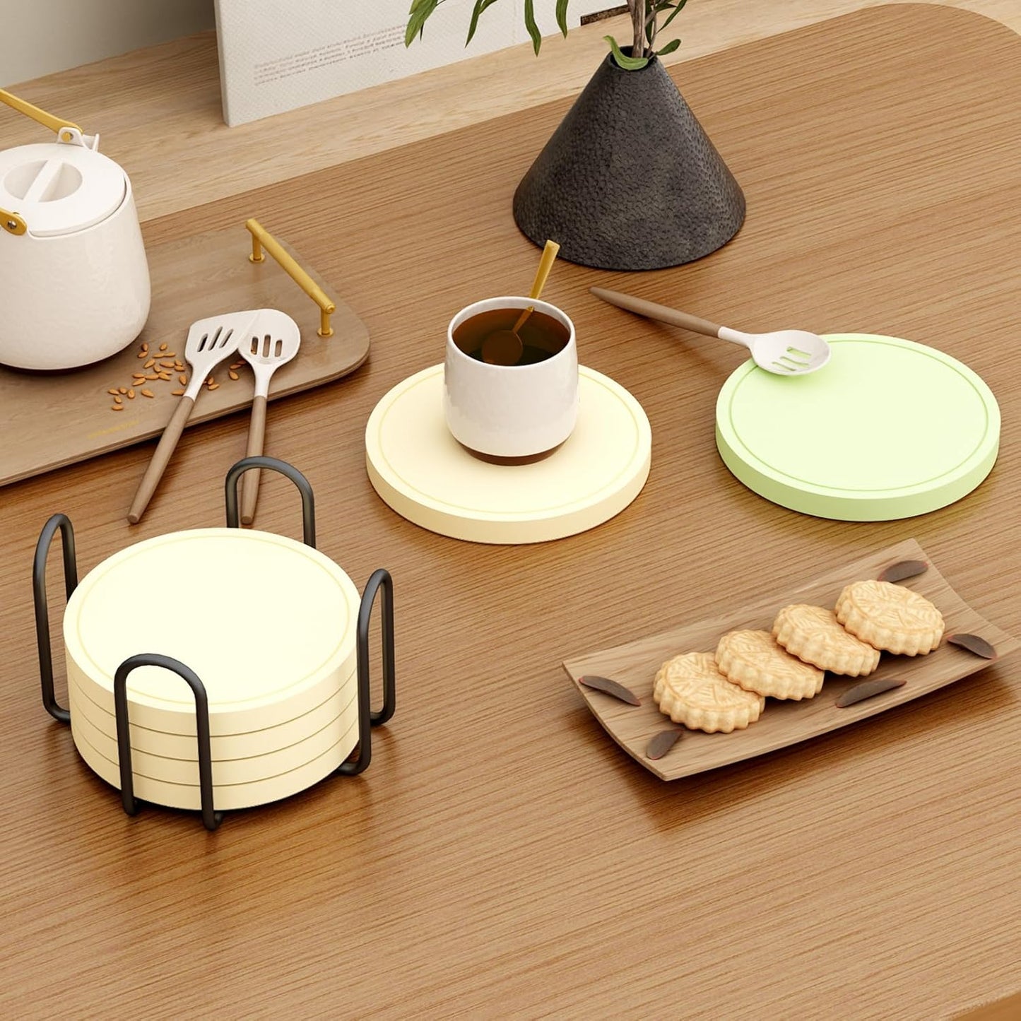 6Pcs Drink Coaster with Holder, Lemon-Yellow Absorbent Coasters for Drinks, Non-Slip with Velvet Bottom, Thick Heavy Duty 4 inch Ceramic Coasters, Home Decor Coffee Bar Accessories
