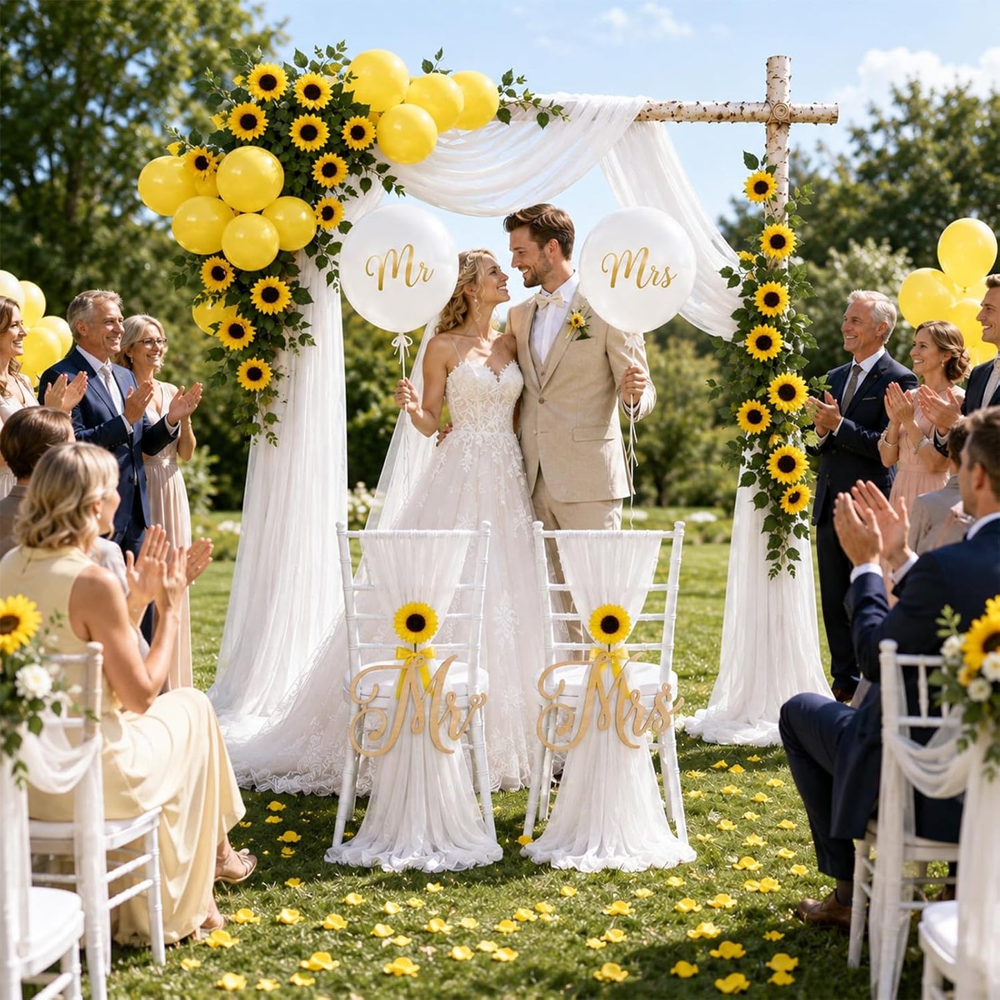 45 Pcs Sunflower Wedding Arch Decor Kit, White Chiffon Drapes, Artificial Sunflower Garland, Mr & Mrs Signs, Balloons & Rose Petals for Wedding Ceremony, Reception, Bridal Shower
